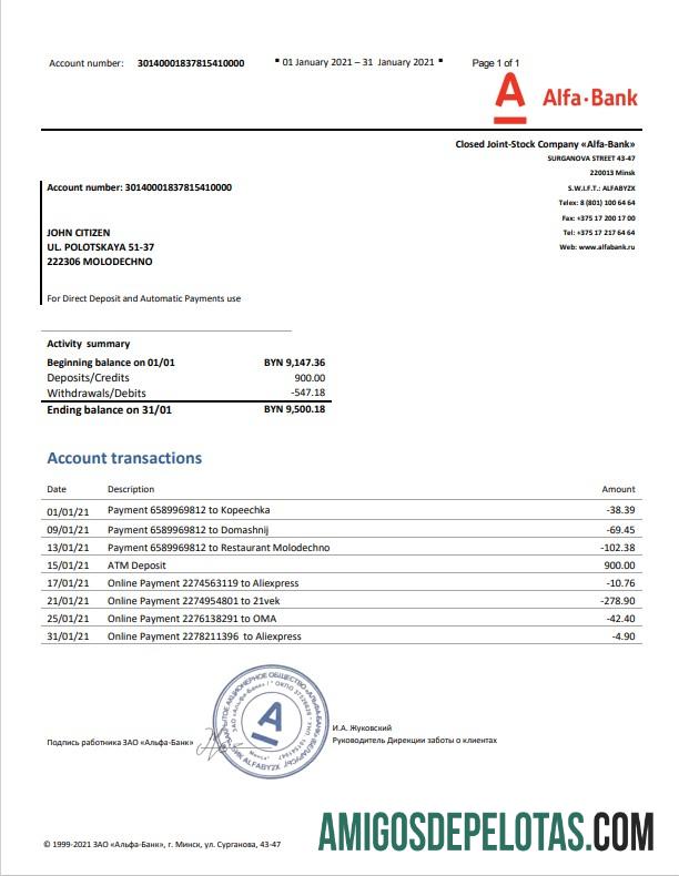 Modelo realista de extrato bancário Alfa da Bielorrússia em formato Word e PDF
